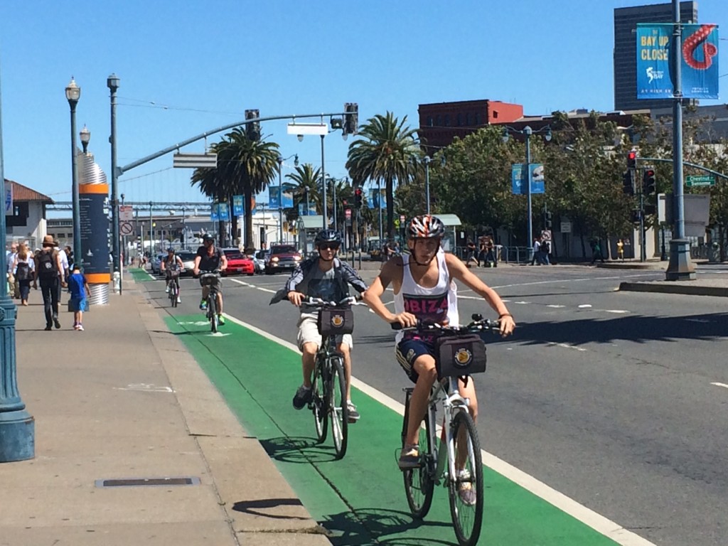 The Embarcadero currently has a green bikes-only lane along the waterfront. Photo by Geri Koeppel.